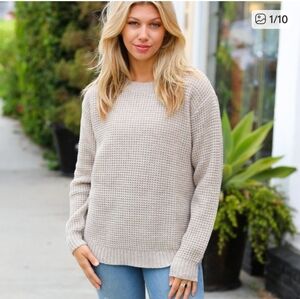 Zenana Outfitters Taupe Crew Neck High Low Waffle Knit Mid Weight Sweater